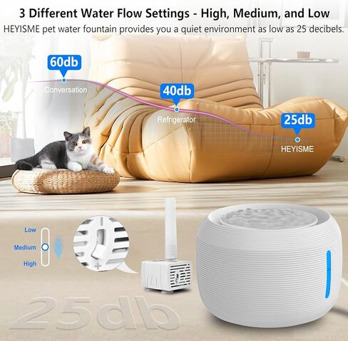 نافورة مياه للقطط من HEYISME، نافورة مياه للحيوانات الأليفة فائقة الهدوء بسعة 84 أونصة/2.5 لتر مع 3 مرشحات بديلة وإضاءة LED، موزع مياه للكلاب بـ 3 أوضاع للتدفق، موزع مياه ذكي للقطط (أسود) in Kuwait