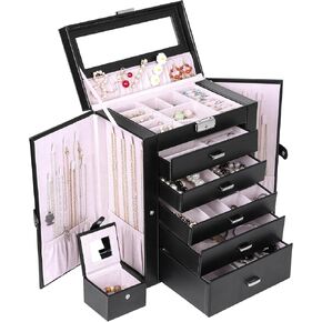 صناديق مجوهرات كبيرة للنساء من كيندال، صندوق تخزين منظم وحامل مجوهرات جلدي أنيق أسود مكون من 6 طبقات مع قفل لقلادة وأساور حلقية، صندوق مجوهرات كبير هدية للنساء in Kuwait