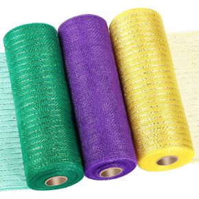 3 Roll Mardi Gras Mesh Ribbon for Wreath Poly Burlap Mesh 10 Inch Mesh Wreath Supplies Metallic Mesh Ribbon for Mardi Gras Party Decoration(Metallic Foil Yellow, Green Foil, Purple) in Saudi Arabia