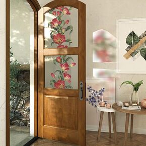 Flortlias Vintage Summer Red Climbing Tulip Window Decals, Transparent Stained Window Sticker, Non Adhesive Double-Sided Glass Door Covering Film for Home Decorative