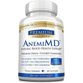 AnemiMD معتمد ممتاز - دعم طبيعي لفقر الدم والطاقة - حديد عالي الفعالية - فيتامينات C، A، B12، حمض الفوليك، والبيبيرين - لطيف على الجهاز الهضمي - 60 كبسولة نباتية صديقة in Kuwait