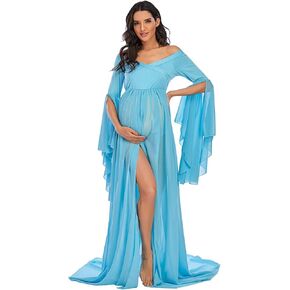 ZIUMUDY Off Shoulder Maternity Maxi Chiffon Dress for Photo Shoot Bell Sleeves Split Dress for Photography Baby Shower