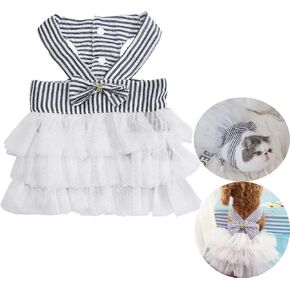 Pet Dog Dress for Girl and Boy Doggy Cats Rabbit Fancy Tutu Adorable Striped Mesh Dress Princess Petite Vest Doggie Bowknot Dresses for Small Dogs Pomeranian Chihuahua Skirt Pet Puppy Supplier(Blue S) in Kuwait