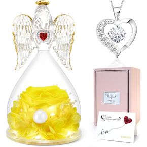 هدايا الورد المحفوظة من سونيا لعيد الأم، هدايا الملاك المصنوعة من زجاج الورد الحقيقي مع قلادة للنساء، تماثيل الملائكة هدايا عيد الميلاد مع ضوء LED لعيد الحب وعيد الشكر وعيد الميلاد in Kuwait