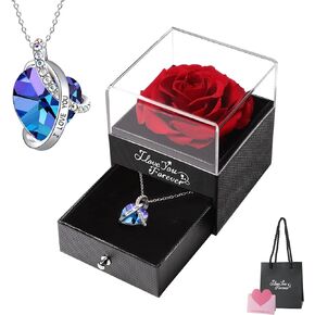 Emibele Preserved Real Pink Rose with S925 Sterling Silver Necklace, Eternal Rose with I Love You Necklace in 100 Languages Rose Box with Music & Lights Romantic Gifts for Her Women Mom Grandma