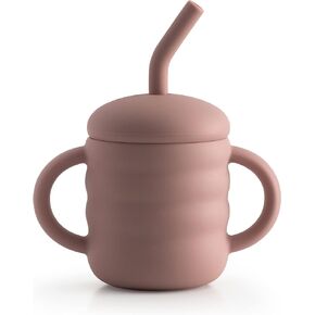Cute 2-1 Silicone Straw Sippy Cup with Stopper - 5.4 OZ Spill-proof Sippy Cups for Baby 6+ Months w/ Dbl Handles, Grooved Body & Angled Straw for Fun & Safe Drinking - Includes Cleaning Brush - Beige
