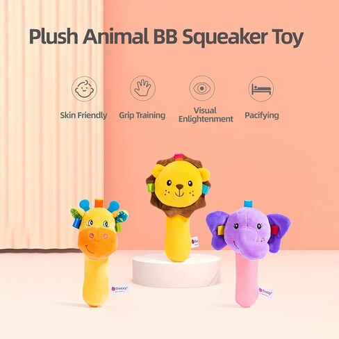 Jollybaby Baby Cartoon Hand Rattles Squeaker Sticks, Plush Animal Toy for 0 3 6 9 Month, Soft Stuffed Shaker Rattle for Toddlers Girls & Boys(Lion) in Kuwait