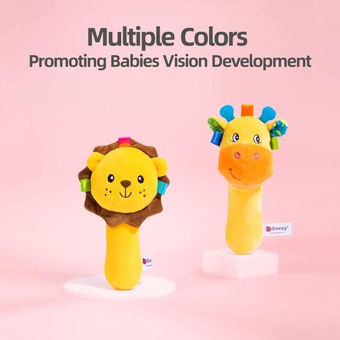 Jollybaby Baby Cartoon Hand Rattles Squeaker Sticks, Plush Animal Toy for 0 3 6 9 Month, Soft Stuffed Shaker Rattle for Toddlers Girls & Boys(Lion) in Kuwait