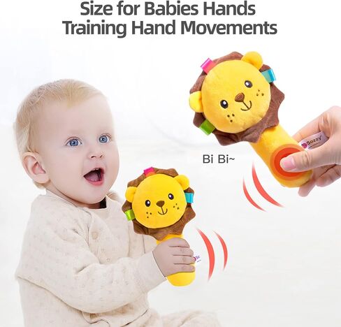 Jollybaby Baby Cartoon Hand Rattles Squeaker Sticks, Plush Animal Toy for 0 3 6 9 Month, Soft Stuffed Shaker Rattle for Toddlers Girls & Boys(Lion) in Kuwait