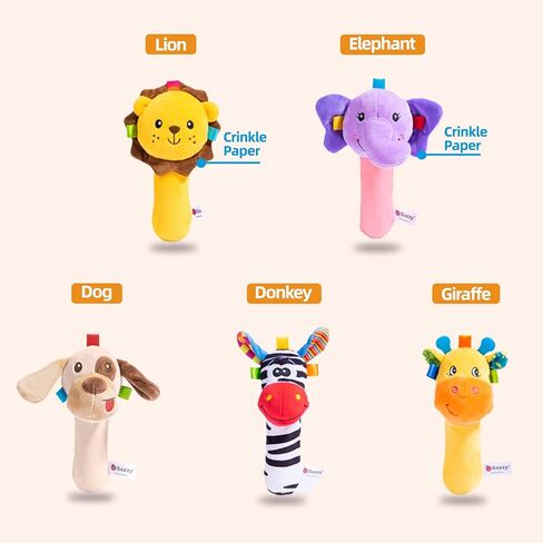 Jollybaby Baby Cartoon Hand Rattles Squeaker Sticks, Plush Animal Toy for 0 3 6 9 Month, Soft Stuffed Shaker Rattle for Toddlers Girls & Boys(Lion) in Kuwait