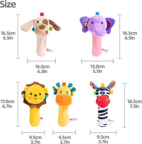 Jollybaby Baby Cartoon Hand Rattles Squeaker Sticks, Plush Animal Toy for 0 3 6 9 Month, Soft Stuffed Shaker Rattle for Toddlers Girls & Boys(Lion) in Kuwait