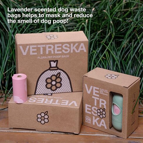VETRESKA Dog Poop Bags with Dispenser, Lavender Scented, Guranteed Leak Proof and Extra Thick Pet Waste Bags for Walking Dog and Cats Litter， 1 Count Bag Holder and 105 Count Bags (7 Refill Rolls）Pink in Saudi Arabia