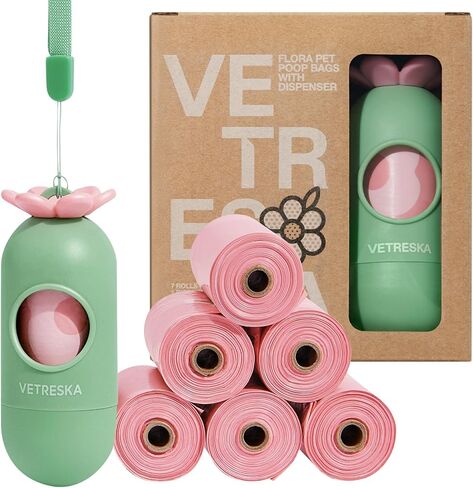 VETRESKA Dog Poop Bags with Dispenser, Lavender Scented, Guranteed Leak Proof and Extra Thick Pet Waste Bags for Walking Dog and Cats Litter， 1 Count Bag Holder and 105 Count Bags (7 Refill Rolls）Pink in Saudi Arabia