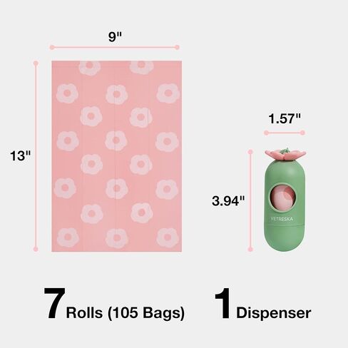 VETRESKA Dog Poop Bags with Dispenser, Lavender Scented, Guranteed Leak Proof and Extra Thick Pet Waste Bags for Walking Dog and Cats Litter， 1 Count Bag Holder and 105 Count Bags (7 Refill Rolls）Pink in Saudi Arabia