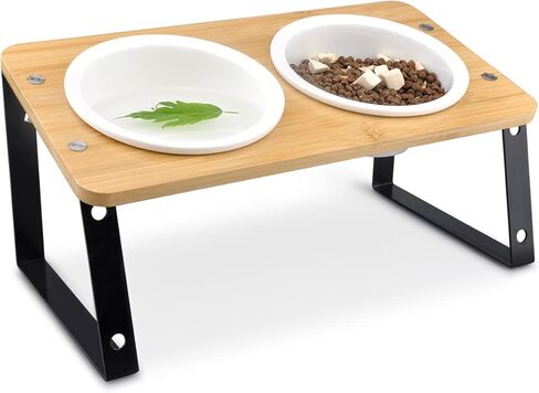 Elevated Ceramic Cat Bowls,15° Tilted Cat Bowls Stand for Food and Water,Adjustable Heights Raised Pet Feeding Dish with Bamboo Stand for Cats and Small Dogs,Anti Vomiting Cat Food Table in Kuwait