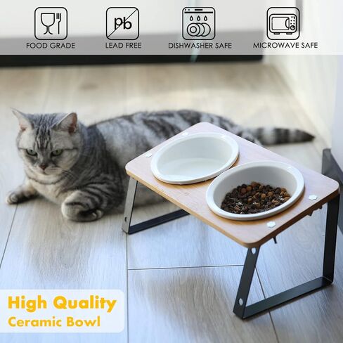 Elevated Ceramic Cat Bowls,15° Tilted Cat Bowls Stand for Food and Water,Adjustable Heights Raised Pet Feeding Dish with Bamboo Stand for Cats and Small Dogs,Anti Vomiting Cat Food Table in Kuwait