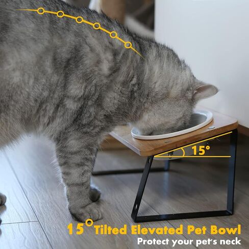 Elevated Ceramic Cat Bowls,15° Tilted Cat Bowls Stand for Food and Water,Adjustable Heights Raised Pet Feeding Dish with Bamboo Stand for Cats and Small Dogs,Anti Vomiting Cat Food Table in Kuwait
