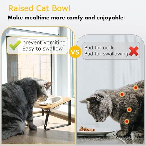 Elevated Ceramic Cat Bowls,15° Tilted Cat Bowls Stand for Food and Water,Adjustable Heights Raised Pet Feeding Dish with Bamboo Stand for Cats and Small Dogs,Anti Vomiting Cat Food Table in Kuwait