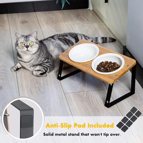 Elevated Ceramic Cat Bowls,15° Tilted Cat Bowls Stand for Food and Water,Adjustable Heights Raised Pet Feeding Dish with Bamboo Stand for Cats and Small Dogs,Anti Vomiting Cat Food Table in Kuwait