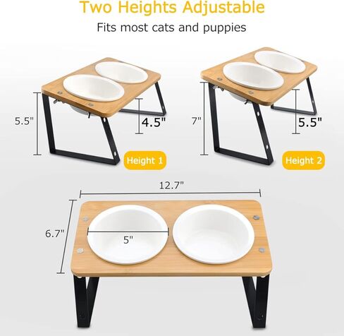 Elevated Ceramic Cat Bowls,15° Tilted Cat Bowls Stand for Food and Water,Adjustable Heights Raised Pet Feeding Dish with Bamboo Stand for Cats and Small Dogs,Anti Vomiting Cat Food Table in Kuwait