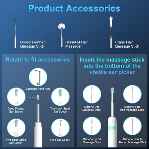 أداة إزالة شمع الأذن من Gickbusus مع كاميرا للأذن وإضاءة، مجموعة تنظيف الأذن الممتازة مع 6 مصابيح LED، أداة تنظيف الأذن بدقة 1080 بكسل in Kuwait