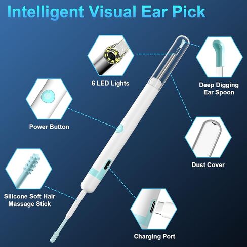 أداة إزالة شمع الأذن من Gickbusus مع كاميرا للأذن وإضاءة، مجموعة تنظيف الأذن الممتازة مع 6 مصابيح LED، أداة تنظيف الأذن بدقة 1080 بكسل in Kuwait