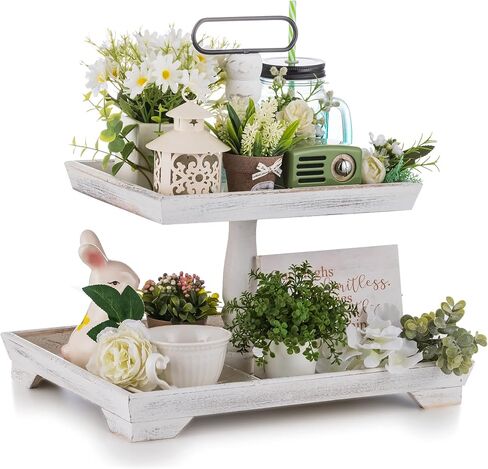 Hanobe Farmhouse Tiered Tray Stand: Rustic Wood 2 Tier Serving Tray Decor Two Rectangle Wooden for Kitchen Counter Centerpieces Coffee Bar Easter Fall Halloween Thanksgiving Christmas in Saudi Arabia
