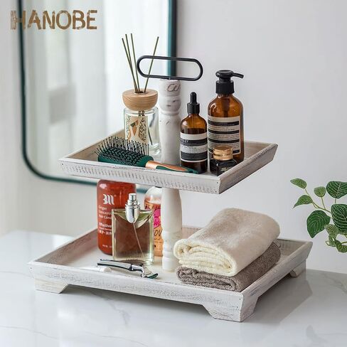 Hanobe Farmhouse Tiered Tray Stand: Rustic Wood 2 Tier Serving Tray Decor Two Rectangle Wooden for Kitchen Counter Centerpieces Coffee Bar Easter Fall Halloween Thanksgiving Christmas in Saudi Arabia