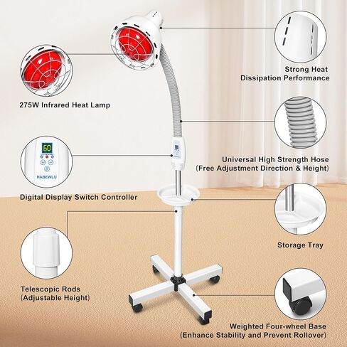 HABEWLU Infrared Light Red Heat Lamp 275W Near Red Infrared Heat Lamp for Relieve Joint Pain and Muscle Aches Body, Standing Heat Lamp with 10 Heat Setting 5-60 min Timer in Kuwait