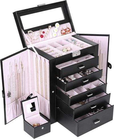 صناديق مجوهرات كبيرة للنساء من كيندال، صندوق تخزين منظم وحامل مجوهرات جلدي أنيق أسود مكون من 6 طبقات مع قفل لقلادة وأساور حلقية، صندوق مجوهرات كبير هدية للنساء in Kuwait