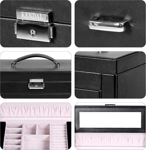 صناديق مجوهرات كبيرة للنساء من كيندال، صندوق تخزين منظم وحامل مجوهرات جلدي أنيق أسود مكون من 6 طبقات مع قفل لقلادة وأساور حلقية، صندوق مجوهرات كبير هدية للنساء in Kuwait