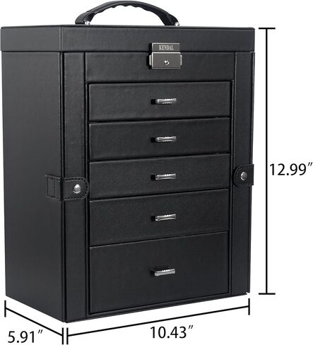 صناديق مجوهرات كبيرة للنساء من كيندال، صندوق تخزين منظم وحامل مجوهرات جلدي أنيق أسود مكون من 6 طبقات مع قفل لقلادة وأساور حلقية، صندوق مجوهرات كبير هدية للنساء in Kuwait