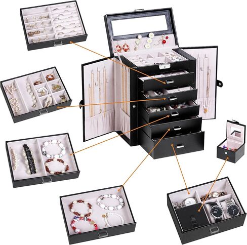 صناديق مجوهرات كبيرة للنساء من كيندال، صندوق تخزين منظم وحامل مجوهرات جلدي أنيق أسود مكون من 6 طبقات مع قفل لقلادة وأساور حلقية، صندوق مجوهرات كبير هدية للنساء in Kuwait