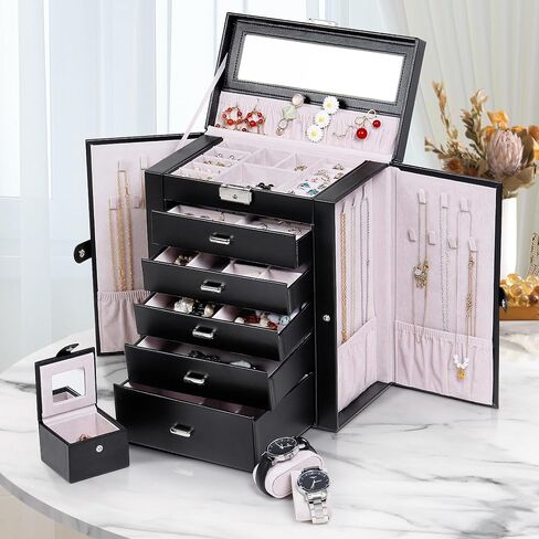 صناديق مجوهرات كبيرة للنساء من كيندال، صندوق تخزين منظم وحامل مجوهرات جلدي أنيق أسود مكون من 6 طبقات مع قفل لقلادة وأساور حلقية، صندوق مجوهرات كبير هدية للنساء in Kuwait
