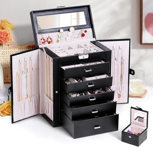 صناديق مجوهرات كبيرة للنساء من كيندال، صندوق تخزين منظم وحامل مجوهرات جلدي أنيق أسود مكون من 6 طبقات مع قفل لقلادة وأساور حلقية، صندوق مجوهرات كبير هدية للنساء in Kuwait