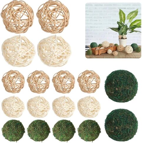 جويبي 18 قطعة من كرات الطحالب المزخرفة، مجموعة كرات راتان وكرات طحلب خضراء، كرات تزيين مزهرية، قطعة مركزية لطاولة ديكور المنزل، كرات طبيعية مجففة للغرف وحفلات الزفاف والحفلات in Kuwait