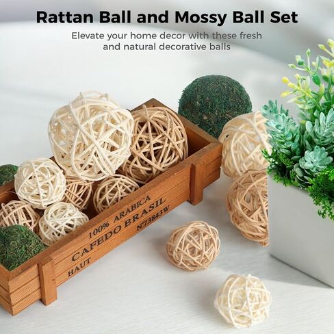 جويبي 18 قطعة من كرات الطحالب المزخرفة، مجموعة كرات راتان وكرات طحلب خضراء، كرات تزيين مزهرية، قطعة مركزية لطاولة ديكور المنزل، كرات طبيعية مجففة للغرف وحفلات الزفاف والحفلات in Kuwait