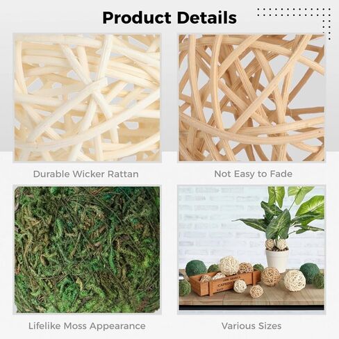 جويبي 18 قطعة من كرات الطحالب المزخرفة، مجموعة كرات راتان وكرات طحلب خضراء، كرات تزيين مزهرية، قطعة مركزية لطاولة ديكور المنزل، كرات طبيعية مجففة للغرف وحفلات الزفاف والحفلات in Kuwait