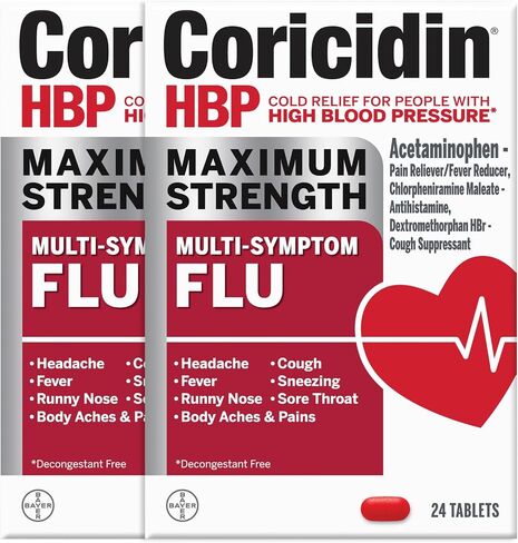 Coricidin HBP Maximum Strength Multi-Symptom Flu Tablets For Body Aches, Body Pains Cold and Cough Relief: Flu Medicine for Adults with High Blood Pressure - 24 Count in Saudi Arabia
