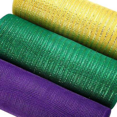 3 Roll Mardi Gras Mesh Ribbon for Wreath Poly Burlap Mesh 10 Inch Mesh Wreath Supplies Metallic Mesh Ribbon for Mardi Gras Party Decoration(Metallic Foil Yellow, Green Foil, Purple) in Saudi Arabia