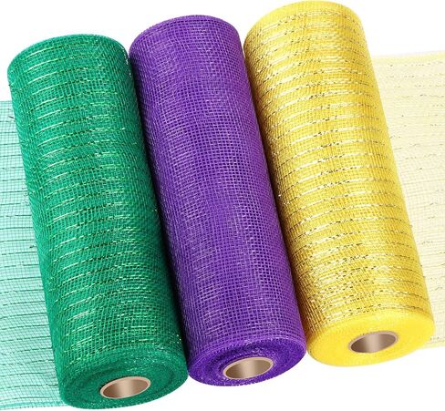 3 Roll Mardi Gras Mesh Ribbon for Wreath Poly Burlap Mesh 10 Inch Mesh Wreath Supplies Metallic Mesh Ribbon for Mardi Gras Party Decoration(Metallic Foil Yellow, Green Foil, Purple) in Saudi Arabia