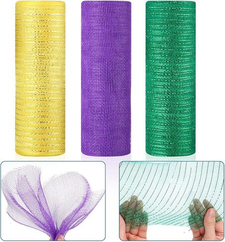 3 Roll Mardi Gras Mesh Ribbon for Wreath Poly Burlap Mesh 10 Inch Mesh Wreath Supplies Metallic Mesh Ribbon for Mardi Gras Party Decoration(Metallic Foil Yellow, Green Foil, Purple) in Saudi Arabia