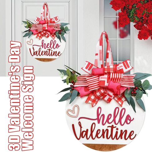 pdpdoc 3D عيد الحب علامة ترحيب للباب الأمامي ديكور الشرفة إكليل المزرعة، مرحبا عيد الحب باب خشبي معلقة علامة، ريفي عيد الحب إكليل علامة لديكور جدار نافذة المنزل المزرعة in Kuwait
