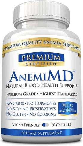 Premium Certified AnemiMD - All Natural Anemia and Energy Support - High Potency Iron - Vitamins C, A, B12, Folate, and Piperine - Gentle On GI Tract - 60 Vegan Friendly Capsules in Kuwait
