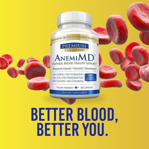 Premium Certified AnemiMD - All Natural Anemia and Energy Support - High Potency Iron - Vitamins C, A, B12, Folate, and Piperine - Gentle On GI Tract - 60 Vegan Friendly Capsules in Kuwait
