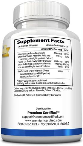 Premium Certified AnemiMD - All Natural Anemia and Energy Support - High Potency Iron - Vitamins C, A, B12, Folate, and Piperine - Gentle On GI Tract - 60 Vegan Friendly Capsules in Kuwait