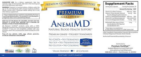Premium Certified AnemiMD - All Natural Anemia and Energy Support - High Potency Iron - Vitamins C, A, B12, Folate, and Piperine - Gentle On GI Tract - 60 Vegan Friendly Capsules in Kuwait