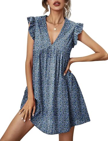 فساتين صيفية نسائية من Chigant فستان سويسري منقط على شكل حرف V وأكمام قصيرة مكشكشة وخصر عالي متدرج على شكل حرف A فستان قصير متأرجح in Kuwait