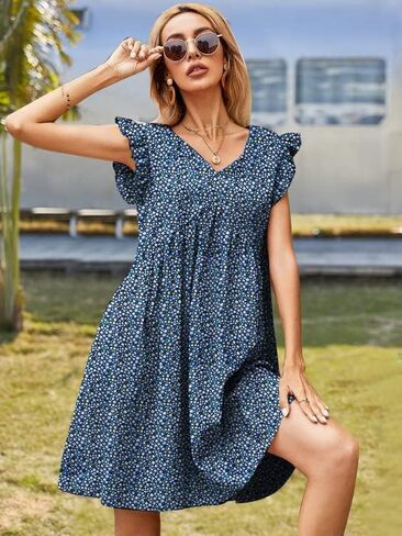 فساتين صيفية نسائية من Chigant فستان سويسري منقط على شكل حرف V وأكمام قصيرة مكشكشة وخصر عالي متدرج على شكل حرف A فستان قصير متأرجح in Kuwait