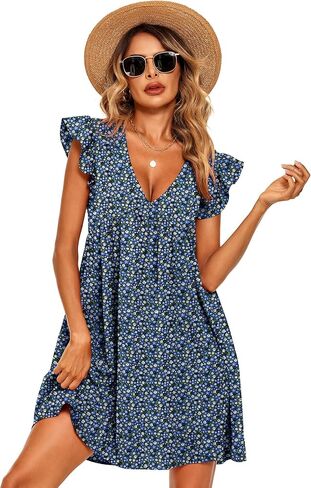 فساتين صيفية نسائية من Chigant فستان سويسري منقط على شكل حرف V وأكمام قصيرة مكشكشة وخصر عالي متدرج على شكل حرف A فستان قصير متأرجح in Kuwait